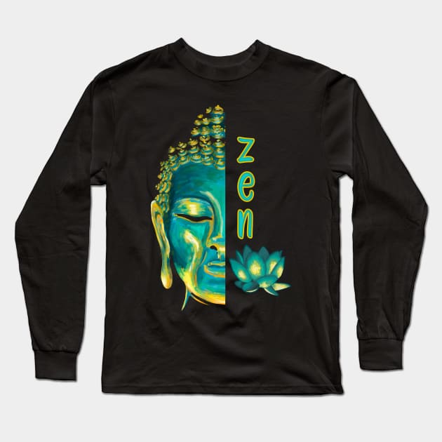 Zen Buddhist Digital Painting Blue & Yellow Buddha Lotus Art Long Sleeve T-Shirt by Get Hopped Apparel